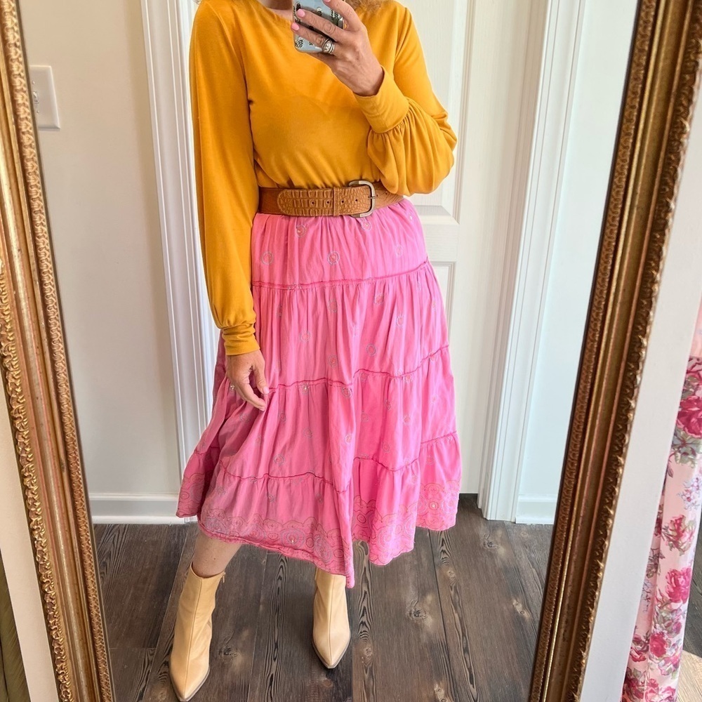 Vintage Pink Cotton Embroidered Tiered Skirt Southwestern Size Medium